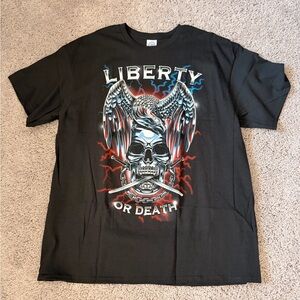 Delta Liberty Or Death Skull Tee - Black with Red & Blue Accents